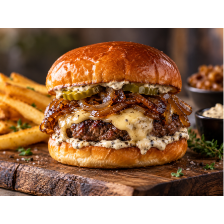 Smashed Burgers με Μπιφτέκια Ρούσσης, Truffle Mayo & Καραμελωμένα Κρεμμύδια Smashed Burgers με Μπιφτέκια Ρούσσης, Truffle Mayo & Καραμελωμένα Κρεμμύδια